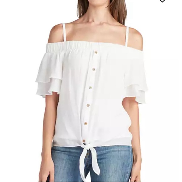By&By Gauze Off-The-Shoulder Flutter-Sleeve White Top Sz L - Picture 1 of 6